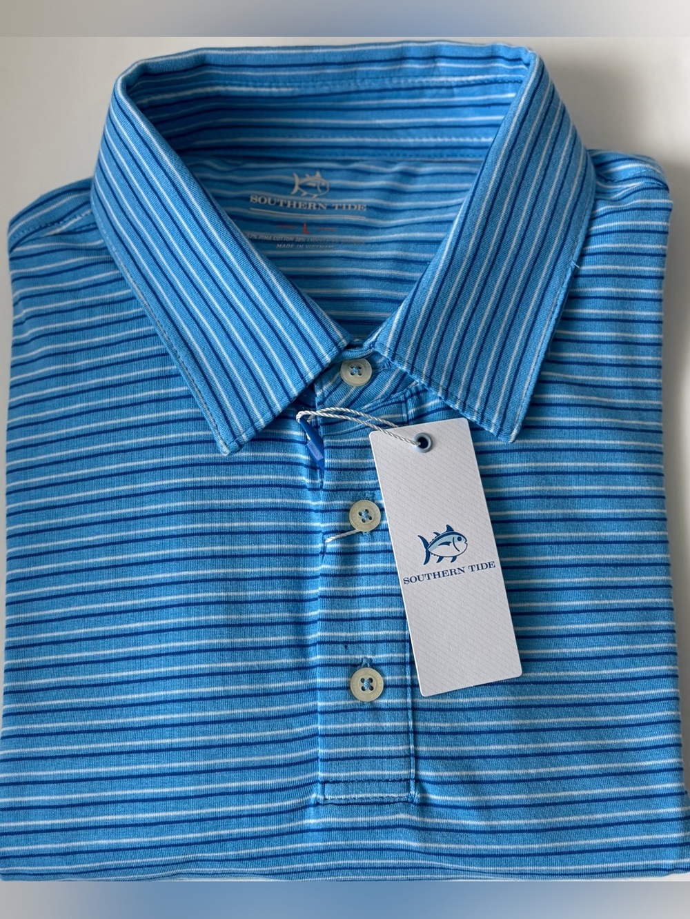 Southern Tide Seaport Kinston Short Sleeve Polo Men's L Blue Striped Pima Cotton